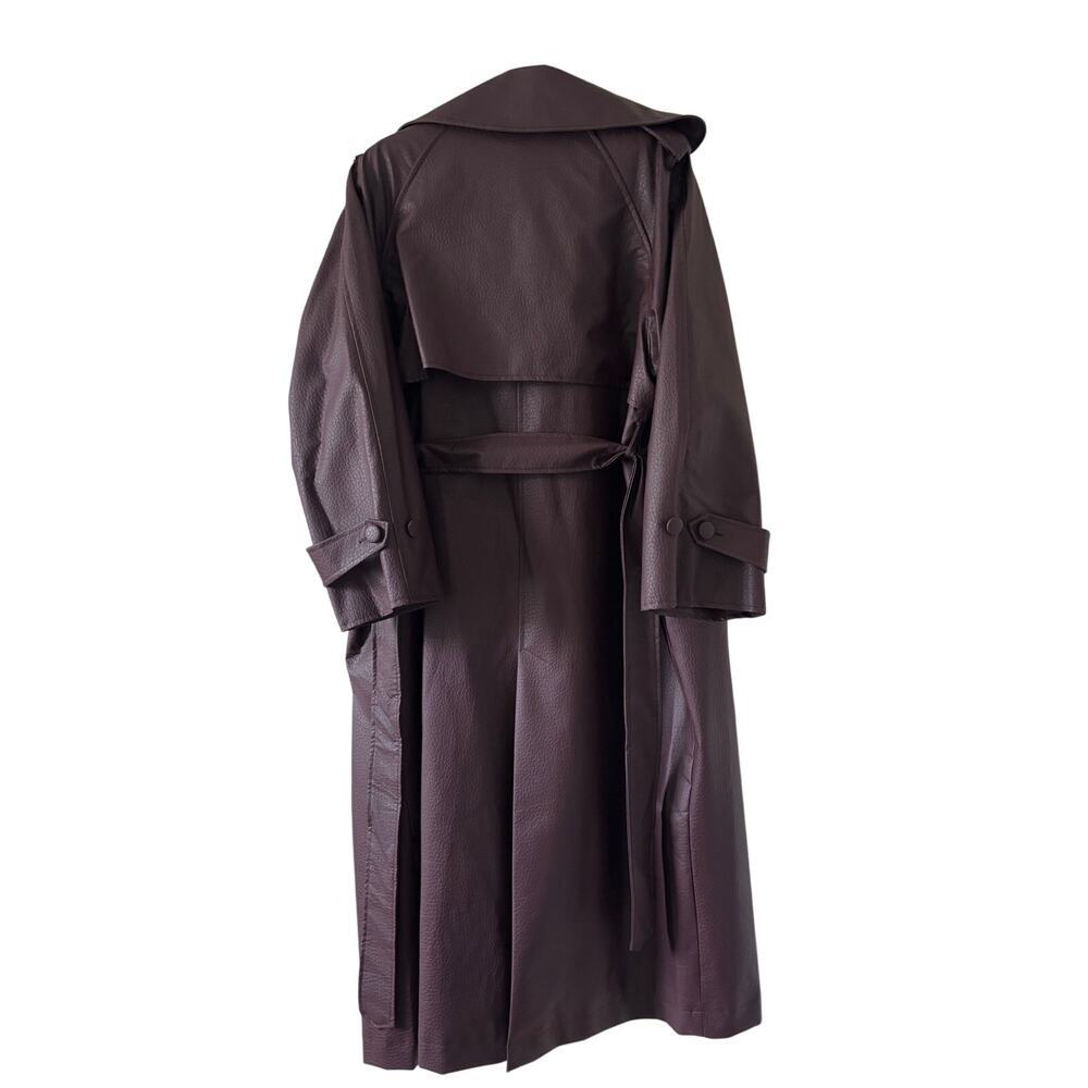 NWT Hot Fashion Burgundy Faux Leather Trench Coat Belted Long Coat One Size - Picture 8 of 11